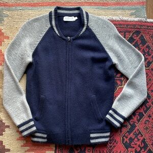 Velvet brand Baseball Style 100% Wool Cardigan Sweater XS Navy Blue Gray Jacket